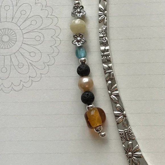 Tibetan Metal Essential Oil Bookmark Flower Engraved - Yellow Jade - Pearl - Picture 1 of 4